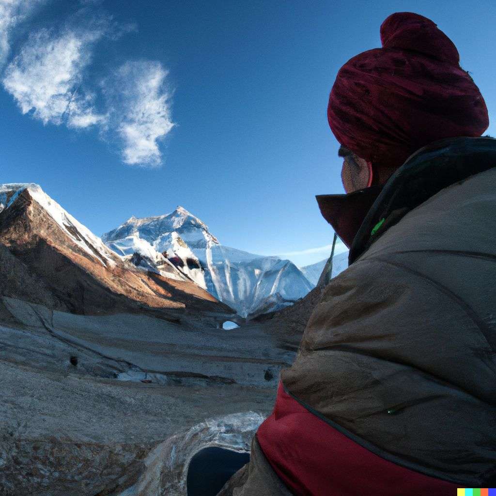 someone gazing at Mount Everest, photograph taken with a fisheye lens, 10mm